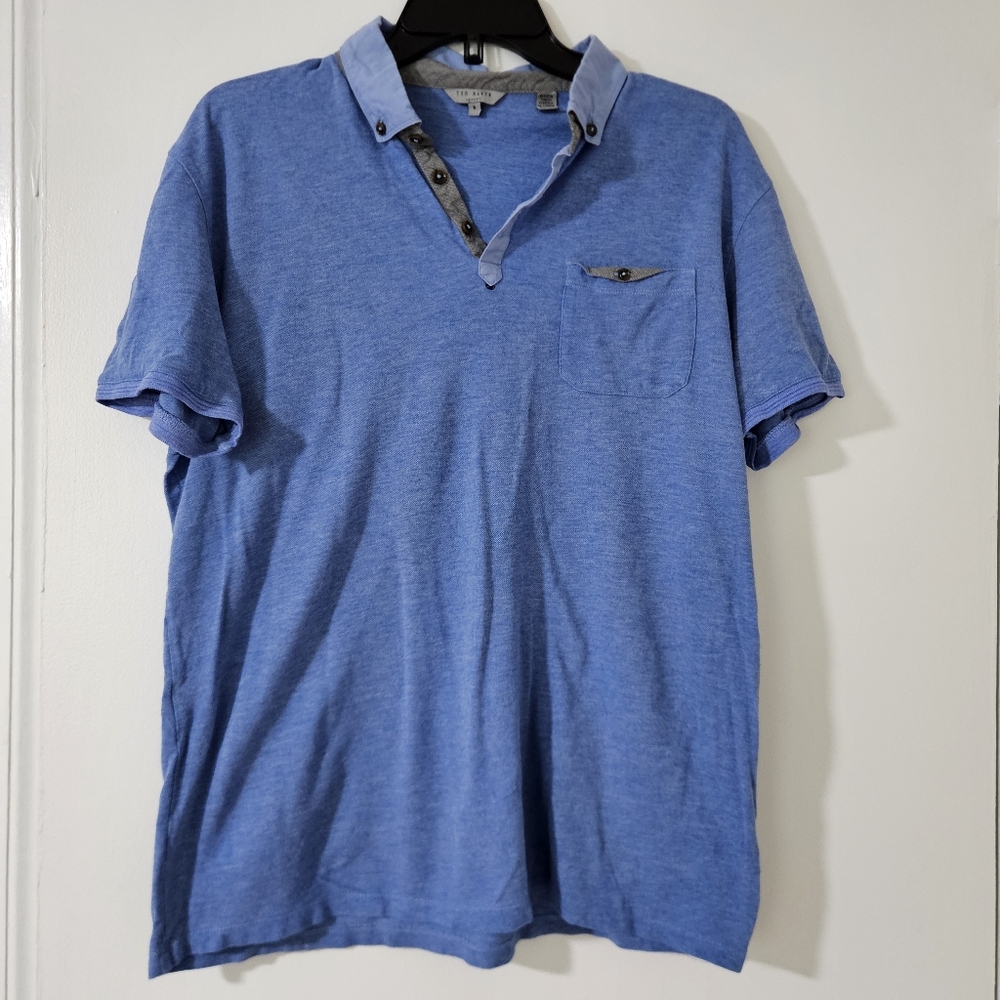 Ted Baker Mens Shirt Polo 5 Blue Pique Lightweight Golf Preppy Contrasting Trim